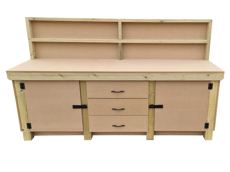 Wooden work bench with drawers and double lockable cupboard (V.8) with back panel