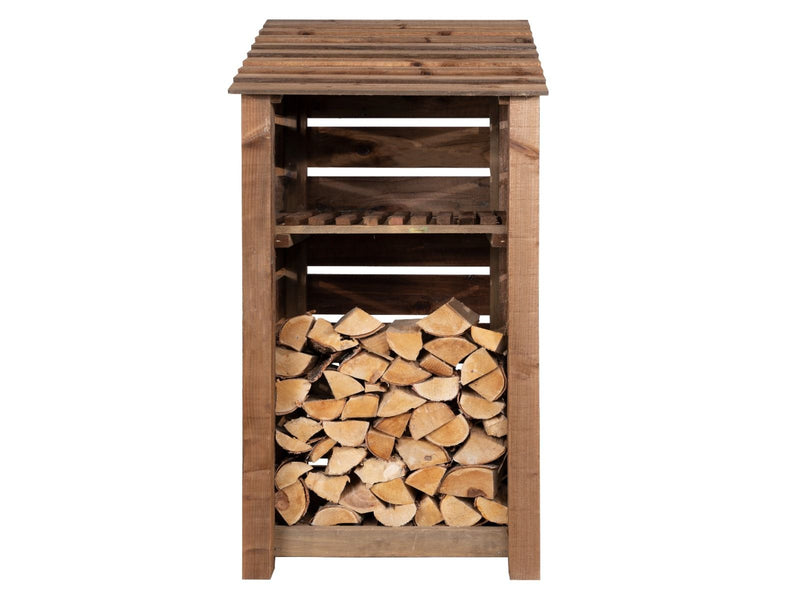 Slatted Wooden Log Store with Shelf W-99cm, H-126cm or 180cm, D-88cm - Brown Finish