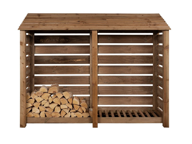 Slatted Wooden Log Store W-227cm, H-126cm or 180cm, D-88cm - Brown Finish