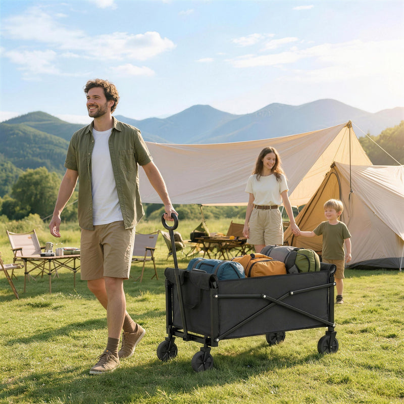 Outsunny 81L Festival Trolley on Wheels, Compact Garden Folding Trolley Cart with Adjustable Handle 80L Black
