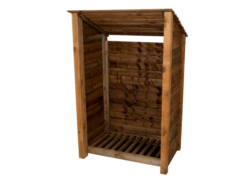 Wooden Log Store (Roof Sloping Back) W-119cm, H-126cm or 180cm, D-88cm - Brown Finish