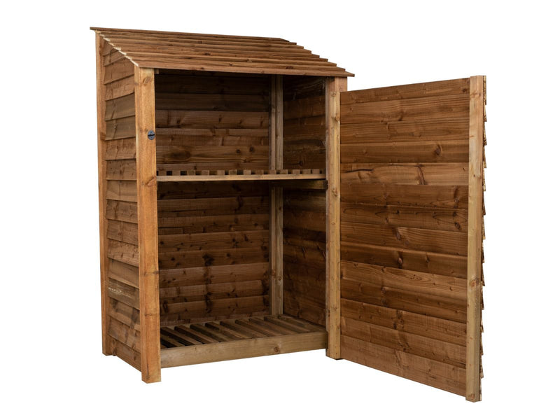 Wooden Log Store with Door and Shelf W-119cm, H-126cm or 180cm, D-88cm - Brown Finish