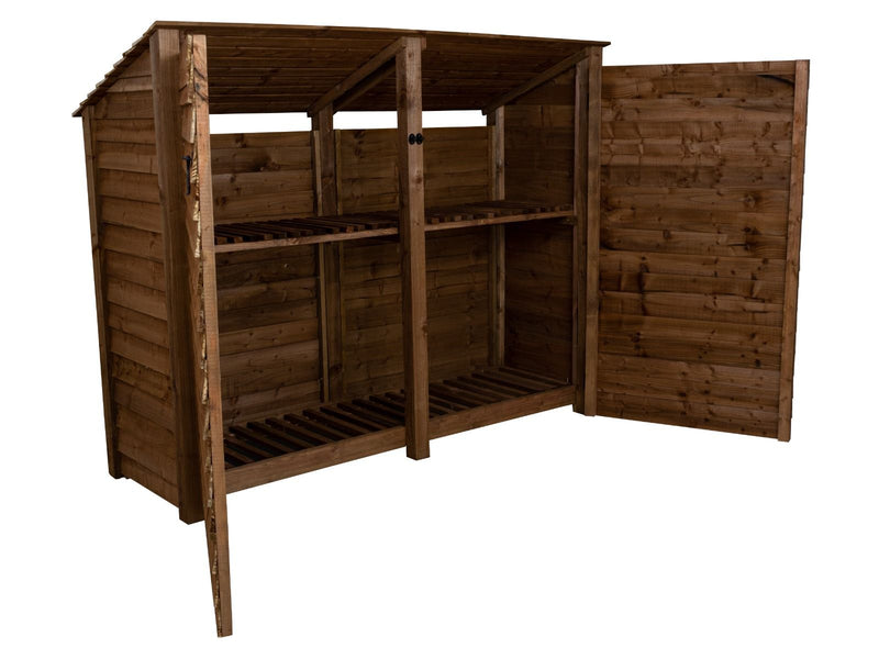Wooden Log Store (Roof Sloping Back) with Doors and Shelf W-227cm, H-126cm or 180cm, D-88cm - Brown Finish