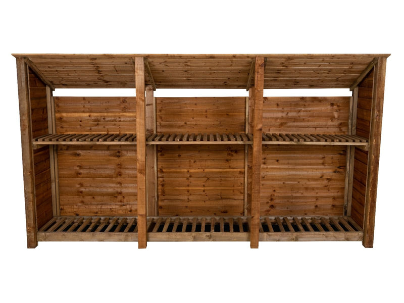 Wooden Log Store (Roof Sloping Back) with Shelf W-335cm, H-126cm or 180cm, D-88cm - Brown Finish