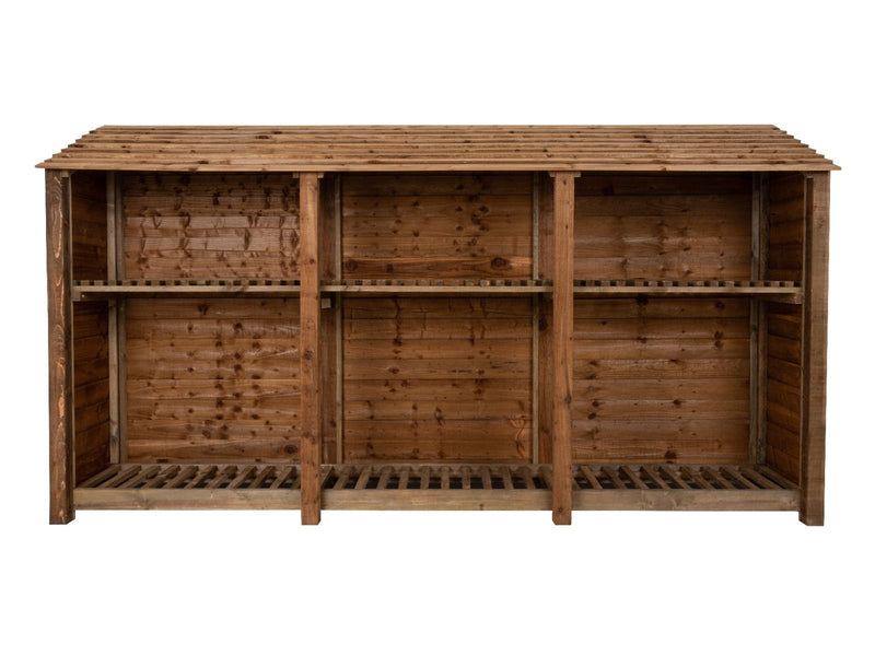 Wooden Log Store with Shelf W-335cm, H-126cm or 180cm, D-88cm - Brown Finish