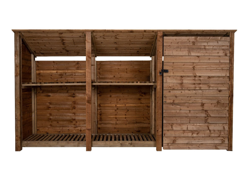 Wooden Garden Tool Storage (Roof Sloping Back) with Shelf W-335cm, H-126cm or 180cm, D-88cm - Brown Finish