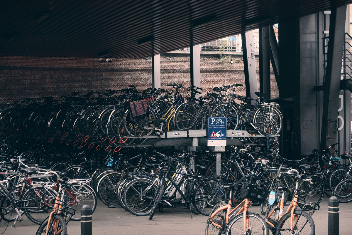 Dense bicycle parking under bridge in Ghent, showcasing urban cycling culture in Belgium.