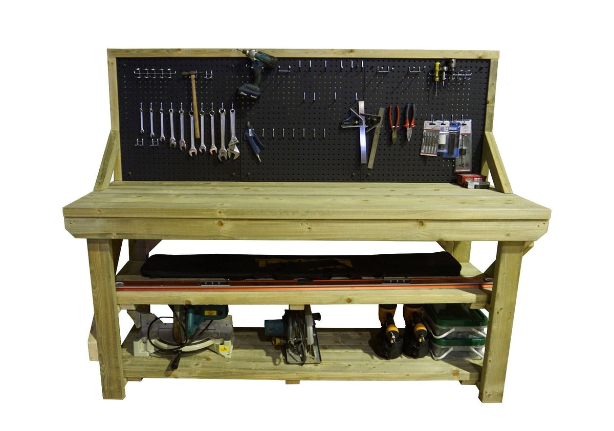 Wooden Pressure Treated Workbench With Peg Board with Double Shelf