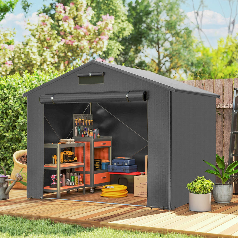 Outsunny 8 x 6 ft Outdoor Garden Storage Shed, Waterproof Bike Tent with Roll-Up Zipper Door, Dark Grey