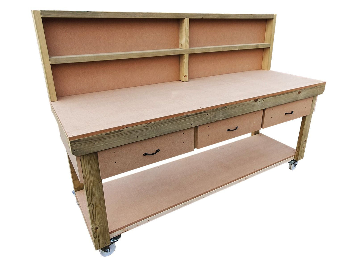 Wooden MDF  workbench, tool cabinet with drawer (V.1) with back and wheels