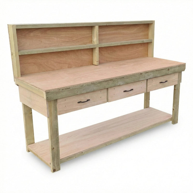 Wooden Eucalyptus hardwood workbench, tool cabinet with drawer (V.1) with back