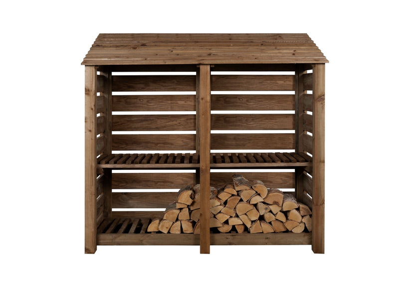 Slatted Wooden Log Store with Shelf W-187cm, H-126cm or 180cm, D-88cm - Brown Finish