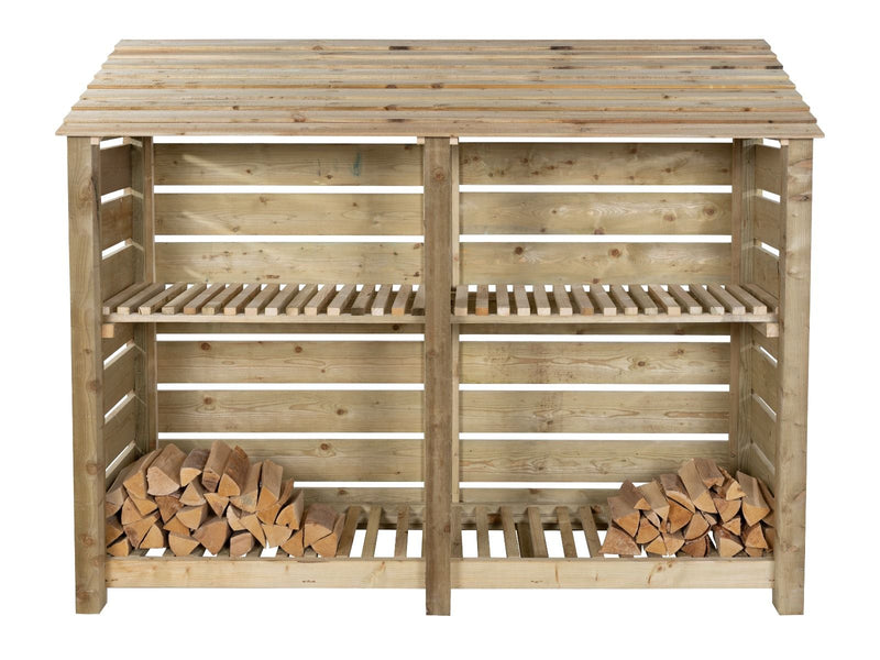 Slatted Wooden Log Store with Shelf W-227cm, H-126cm or 180cm, D-88cm