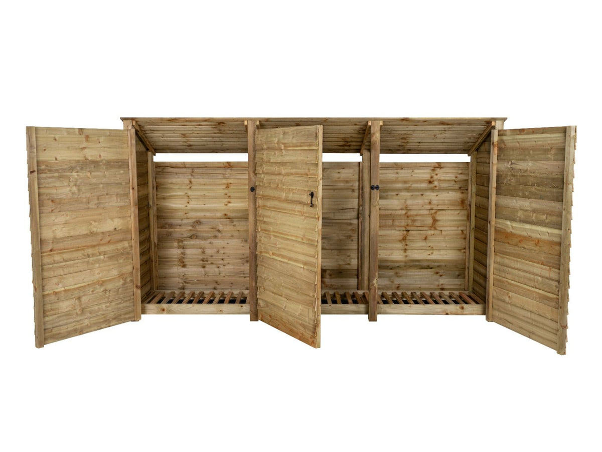 Wooden Log Store (Roof Sloping Back) with Doors W-335cm, H-126cm or 180cm, D-88cm