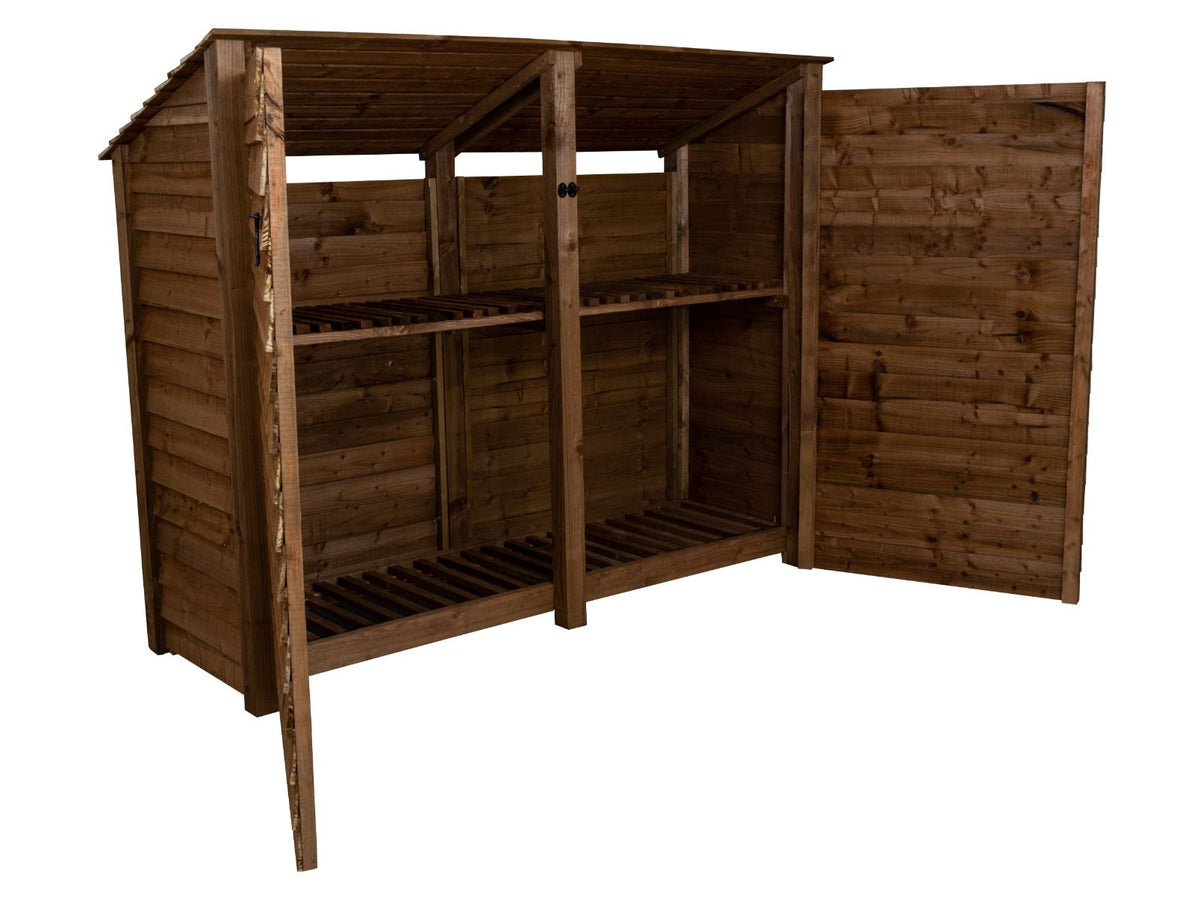 Wooden Log Store (Roof Sloping Back) with Doors and Shelf W-227cm, H-126cm or 180cm, D-88cm - Brown Finish
