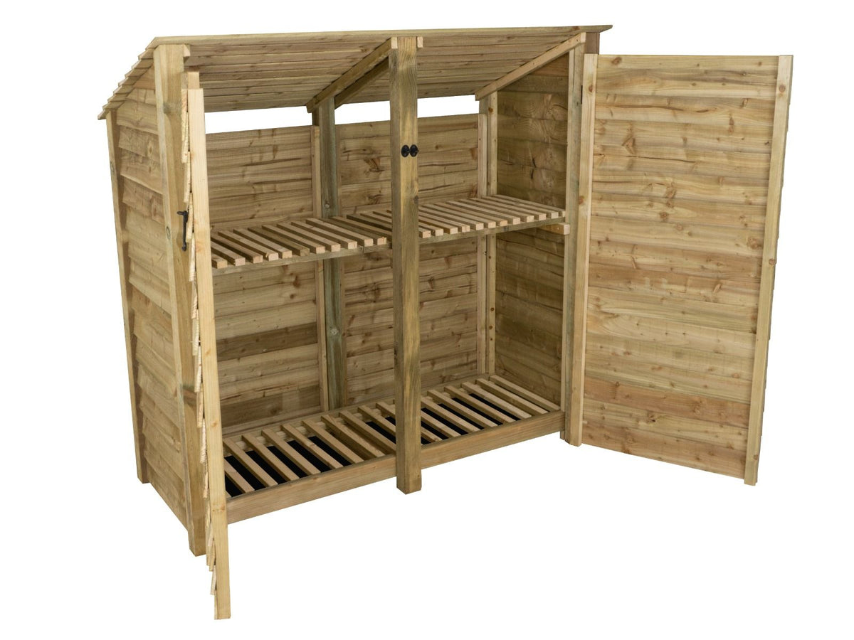 Wooden Log Store (Roof Sloping Back) with Doors and Shelf W-187cm, H-126cm or 180cm, D-88cm