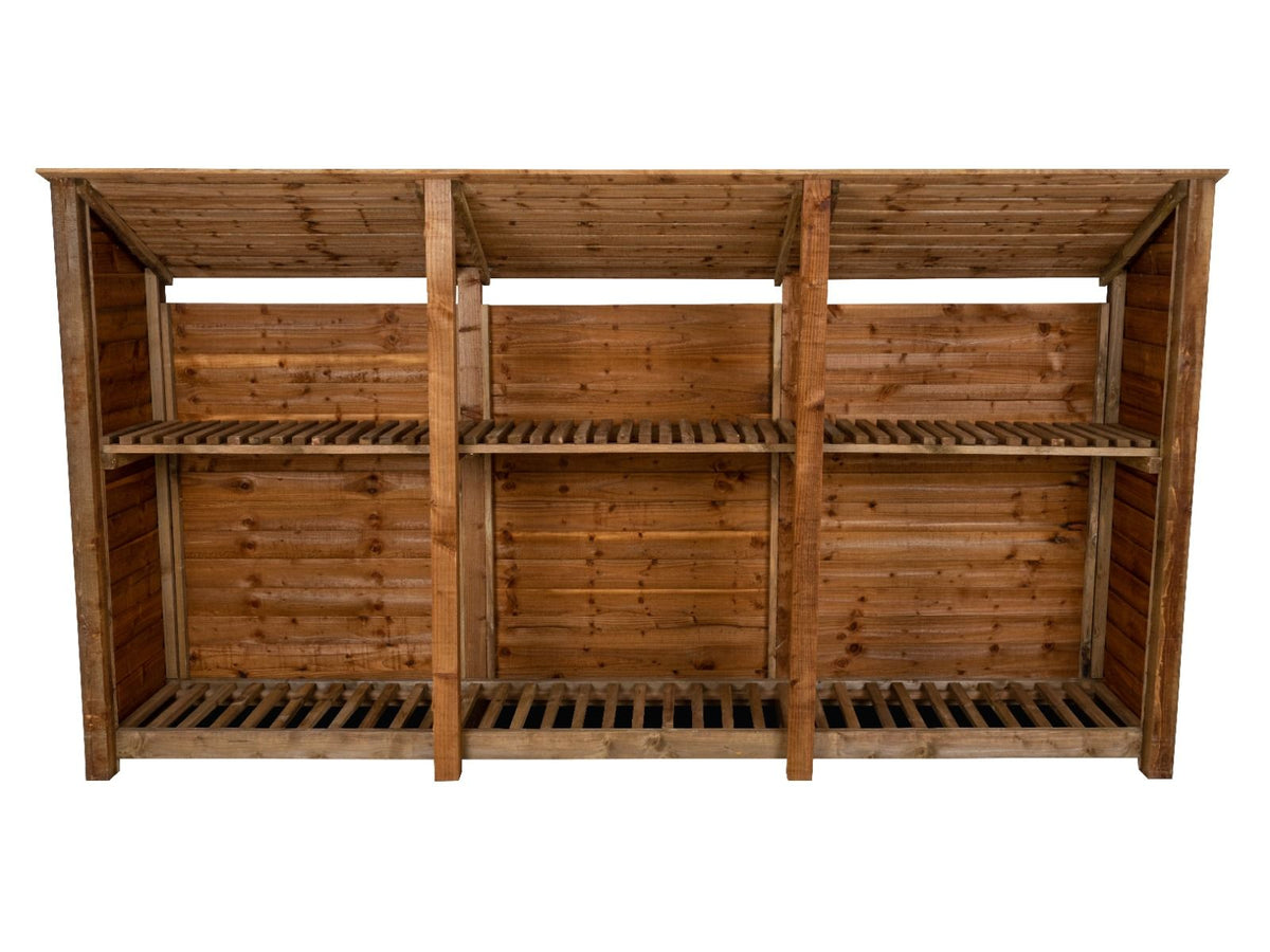 Wooden Log Store (Roof Sloping Back) with Shelf W-335cm, H-126cm or 180cm, D-88cm - Brown Finish