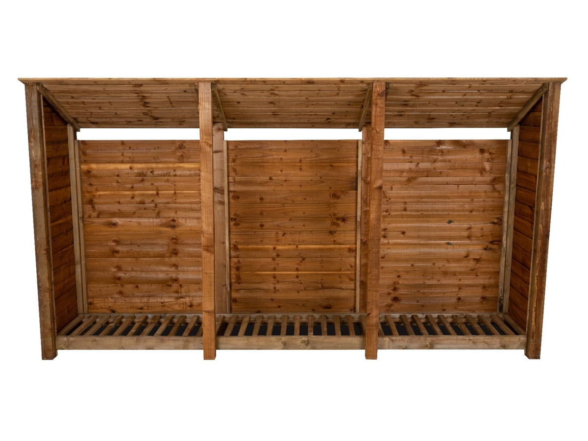 Wooden Log Store (Roof Sloping Back) W-335cm, H-126cm or 180cm, D-88cm - Brown Finish