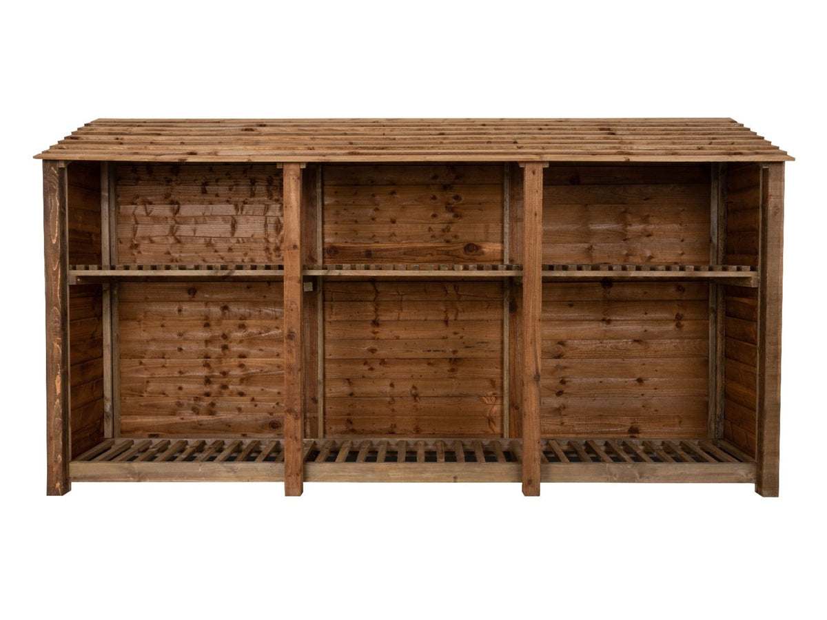 Wooden Log Store with Shelf W-335cm, H-126cm or 180cm, D-88cm - Brown Finish