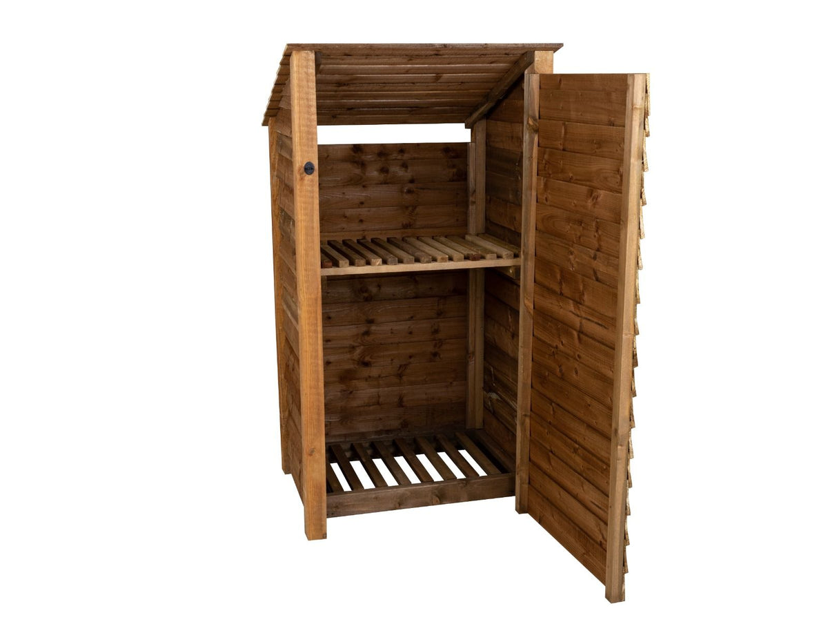 Wooden Log Store with Door and Shelf (Roof Sloping Back) W-99cm, H-126cm Or 180cm, D-88cm - Brown Finish