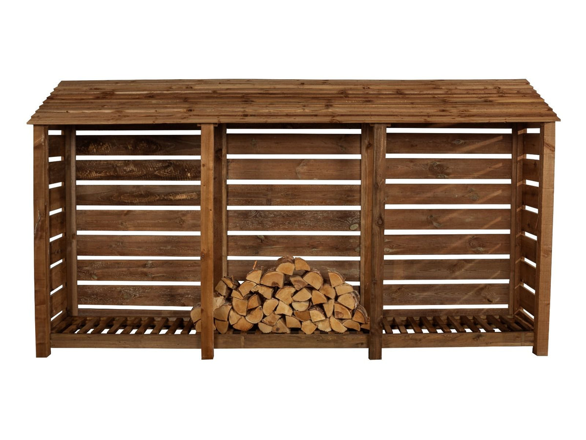 Slatted Wooden Log Store W-335cm, H-126cm or 180cm, D-88cm - Brown Finish