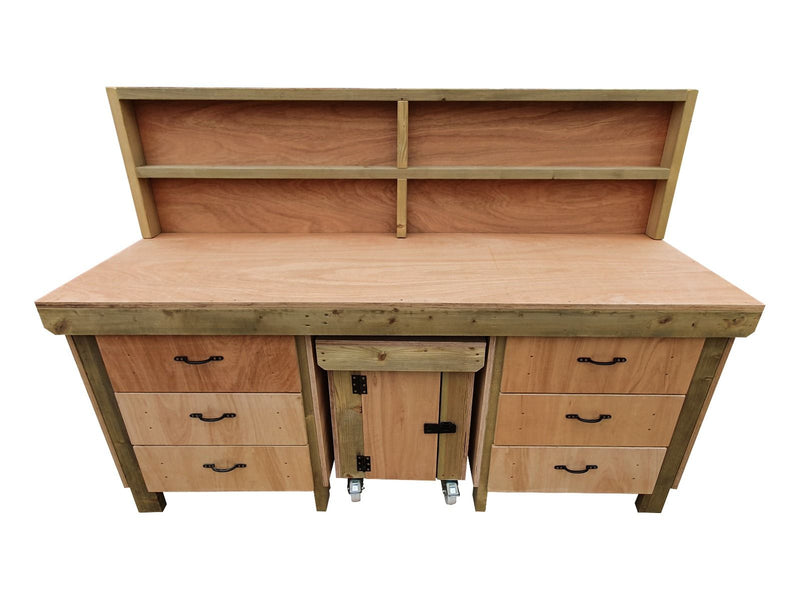 Wooden Eucalyptus hardwood top workbench with drawers and functional lockable cupboard (V.5) with back